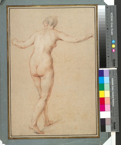 Stojící ženský akt při pohledu zezadu, cca 1722 (červená, černá a bílá křída na papíře) od François Lemoyne