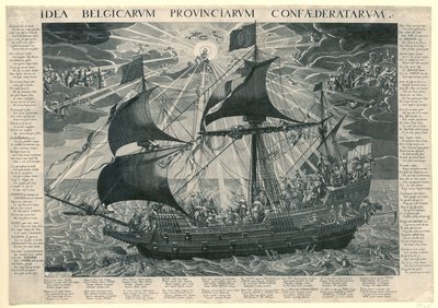 The Ship of State, 1620 Alegorie šťastného stavu země po synodě v Dordrechtu Idea Belgicarum Provinciarum Confaederatarum (název na objektu) od François Schillemans