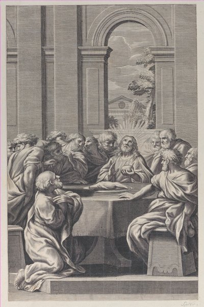 Poslední večeře, interiér klasicistní budovy s Kristem a sídlem jeho apoštolů..., 1660-81. od François Spierre