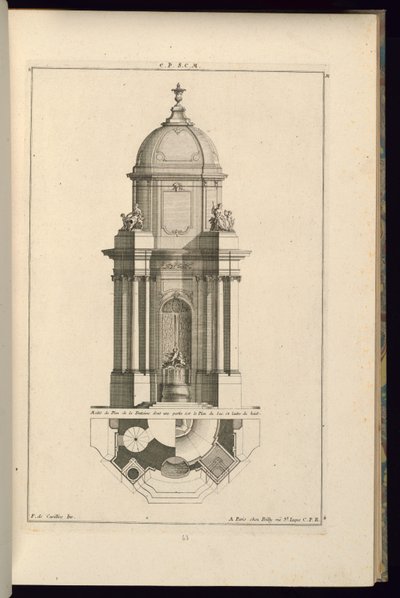 Výška a plán veřejné fontány od François de Cuvilliés the Elder