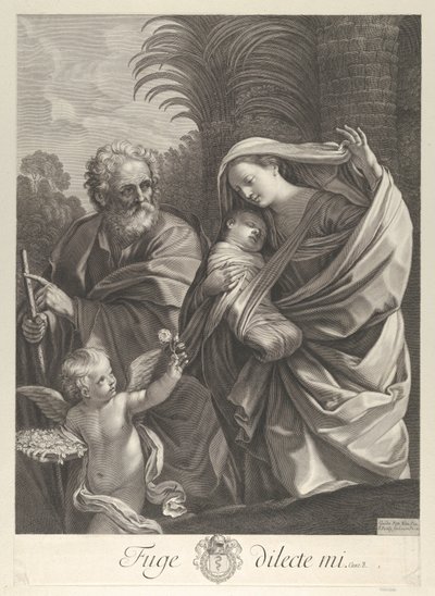 Útěk do Egypta, Svatá rodina kráčí společně, svatý Josef ukazuje na t..., ca. 1648-81. od François de Poilly