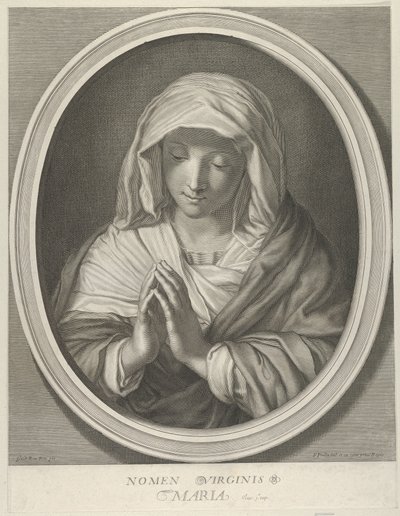 Panna v modlitbě shlíží, v oválném rámu, po Reni, 1640-93. od François de Poilly