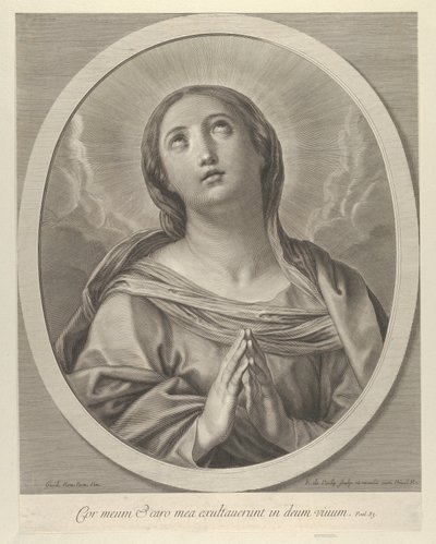 Panna v modlitbě, vzhlíží s mraky za sebou, v oválném rámu, po Reni, ..., 1648-81. od François de Poilly