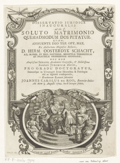 Minerva lauwert schrijver Titulní stránka: Johannes Carolus de Roo, Dissertatio juridica inauguralis, ad tit. ff. po rozpuštěném manželství, jak se žádá o věno, 1722 od François van Bleyswijck