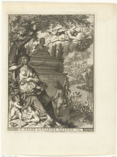 Múza a putti sedí u hrobky básníka Arnolda Moonena Titulní strana pro: Arnold Moonen, Continued der poëzye, Delft 1720 Pokračování A. Moonens Poezy (název na objektu) od François van Bleyswijck
