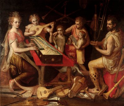 Music Characters vetus má starodávné prostředí hudebních nástrojů tvořících alegorii. Obraz Franse Florise (1515-1570) Genes 16. století, soukromá sbírka od Frans Floris