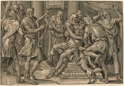 David hraje na harfu před Saulem od Frans Floris I