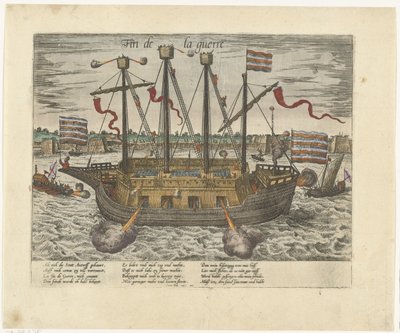 Loď Fin de la guerre, 1585 Fin de la guerre (název na objektu) Série 9: nizozemské a německé události, 1583-1587 (název série) od Frans Hogenberg