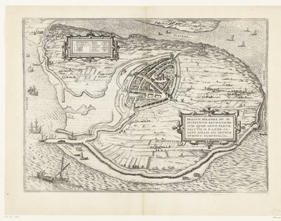 Kaart van het eiland Voorne en plattegrond van Brielle, 1572 Brillium, Holandsko opp. kvůli bratrovražedné holandské válce, která v roce vítězství Spasení 72 n. l. v dubnovém vedru začal tady, slavný (název na objekt) od Frans Hogenberg