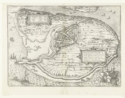 Kaart van het eiland Voorne en plattegrond van Brielle, 1572 Brillium, Holandsko opp. kvůli bratrovražedné holandské válce, která v roce vítězství Spasení 72 n. l. v dubnovém vedru začal tady, slavný (název na objekt) od Frans Hogenberg