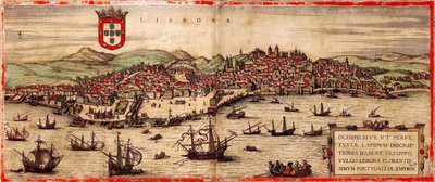 Pohled na Lisabon a řeku Tagus z: Mapa světa, 1572 od Frans Hogenberg