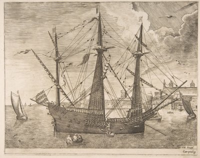 Ozbrojený třímistr kotvící poblíž města od plachetnic, ca. 1555-56. od Frans Huys