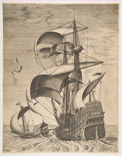 Ozbrojený třímistr na otevřeném moři v doprovodu lodní kuchyně, ze série Sailing Ves..., 1561-65. od Frans Huys