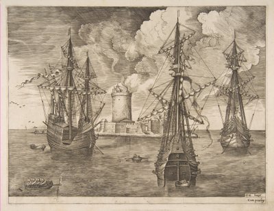 Čtyřmistrová levice a dva třímistrové ukotvení poblíž opevněného ostrova se světlem..., 1561-65. od Frans Huys