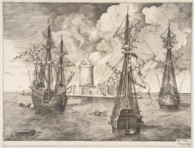 Čtyřmistr a dva tři mistři ukotvení poblíž opevněného ostrova z Plachetnice..., 1561-65. od Frans Huys