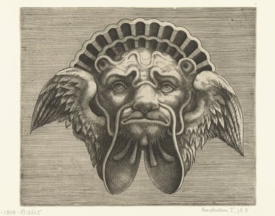 Maska s křídly místo uší a čelenkou ve tvaru mušle Pourtraicture ingenieuse de plusieurs facons de masques… (název série) od Frans Huys