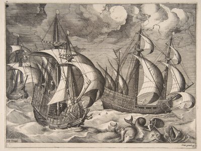 Tři karavely ve stoupající bouři s Arionem na delfínovi z Plachetnic, 1561-65. od Frans Huys