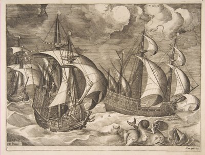 Tři karavely ve stoupající bouři s Arionem na delfínovi z Plachetnic, 1561-65. od Frans Huys
