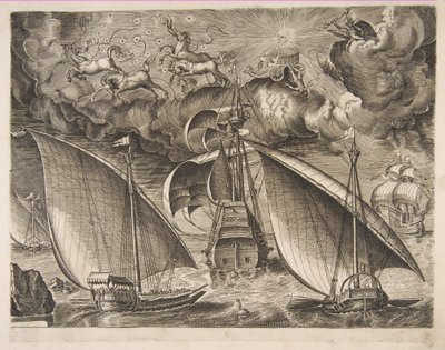Dvě galéry plující za ozbrojeným trojmajstrem s Phaetonem a Jupiterem na obloze, f..., 1561-65. od Frans Huys