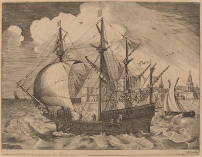 Ozbrojený čtyřmistr vyjíždějící na moře od Frans Huys after Pieter Bruegel the Elder