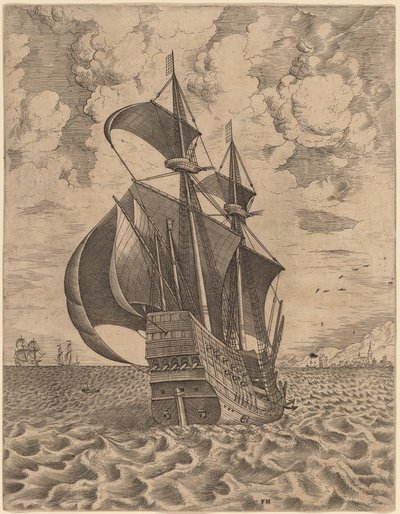Ozbrojená čtyřmistrovská plavba směrem k přístavu od Frans Huys after Pieter Bruegel the Elder