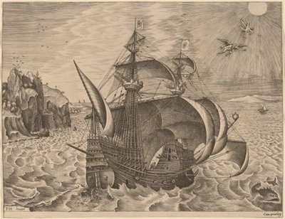 Ozbrojený třímistr s Daedalem a Ikarem na obloze od Frans Huys after Pieter Bruegel the Elder