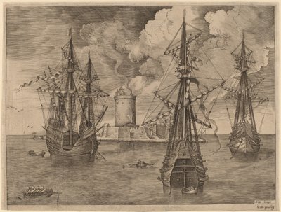 Čtyřmistr (vlevo) a dva třímistry kotvící poblíž opevněného ostrova s majákem od Frans Huys after Pieter Bruegel the Elder