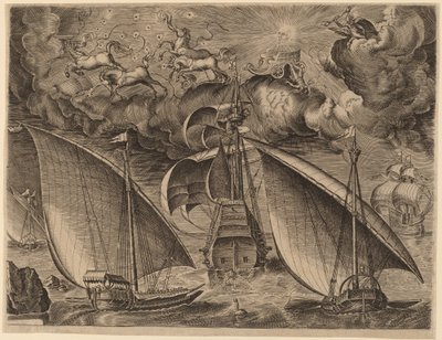 Dvě galéry za Ozbrojeným třípánem s Phaethonem a Jupiterem na obloze od Frans Huys after Pieter Bruegel the Elder