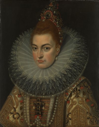 Portrét arcivévodkyně Isabelly Clara Eugenia (1566-1633, španělská infantka, cca 1600 (olej na mědi) od Frans II (studio of) Pourbus