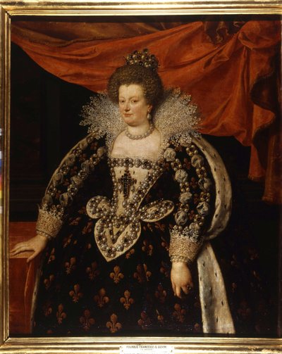Portrét Marie Medicejské (1573 - 1642), manželky Jindřicha IV. a matky Ludvíka XIII. Obraz Franse Pourbuse Le Jeune (Francois (Franz) Porbus). od Frans II Pourbus