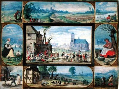 Složený z deseti alegorických výjevů života ve městě a na venkově (kvaš se zlatými doteky na pergamenu) od Frans II the Younger Francken