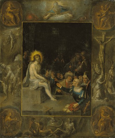 Posmívání se Kristu v grisaille znázorňující Boha Otce, evangelisty, Ukřižování, Vzkříšení a Ďábla a smrt s korunovaným hadem od Frans II the Younger Francken