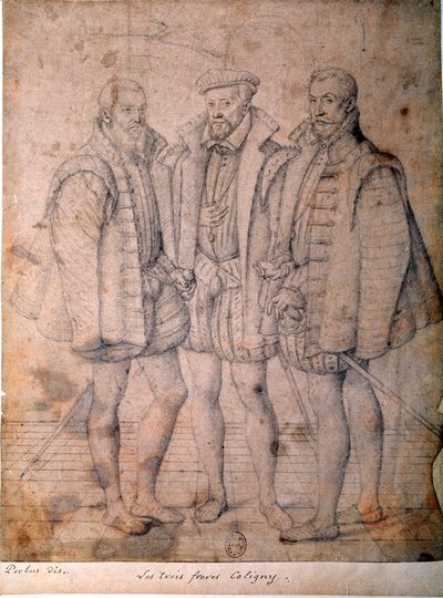 Portrét tří Coligny: kardinál Odet (1515-1571), Gaspard (1517-1572), admirál Francie a Francois (1521-1569), Lord of Andelot. Kresba připisovaná Fransovi (Francois (Franz) Pourbus l