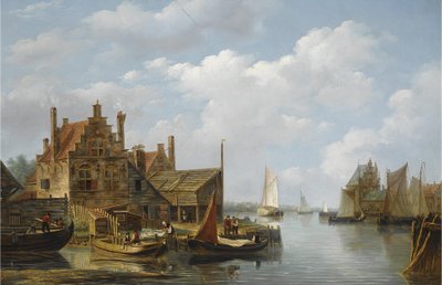 Pohled na vesnici na břehu řeky od Frans Jacobus van den Blijk