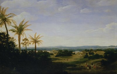 Brazilská krajina s portugalskou rezidencí, kostelem a Casa Granda, za řekou Varzea od Frans Post