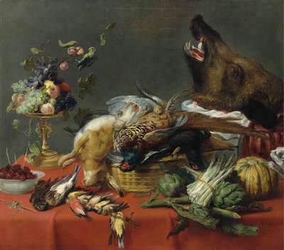 Prostřený stůl obložený zvěřinou, ovocem, zeleninou a kančí hlavou. od Frans Snyders