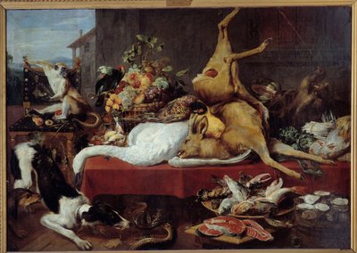 Zátiší s jelenem Zvěřina (bažant, husa, jelen), plátek ryby, krab, luštěniny. obraz Franse Snyderse (1579-1657) od Frans Snyders