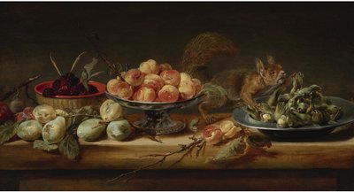 Zátiší s broskvemi v tazze, lískovými oříšky na cínovém talíři, malinami v košíku, s hruškami a veverkou na stole.
olej na desce od Frans Snyders