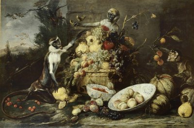 Tři opice kradoucí ovoce s výhledem na krajinu od Frans Snyders