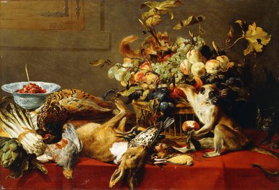 Košík ovoce na přehozeném stole s mrtvou zvěří a opicí, od Frans Snyders or Snijders