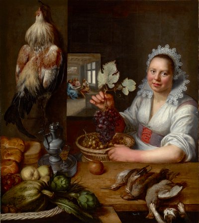 Scene de cuisine avec scene du Christ a Emmaus - Kuchyňská scéna s Kristem v Emauzích, autor Snyders (Snijders), Frans (1579-1657). Olej na plátně, mezi 1615 a 1620. Rozměr: 114,5x102 cm. Muzeul National Brukenthal, Sibiu od Frans Snyders or Snijders