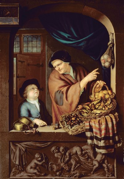 The Chesnut and Kipper Seller, 1722 (olej na dubu) od Frans van Mieris