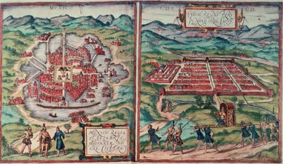 Plány Mexico City, Mexiko a Cusco City, Peru, od Carla Nebela "Voyage Pittoresque" (barevná rytina) (viz 141102) od Franz (after) Hogenberg