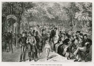 Prater: velký chodník. Rytina od Kollarze, k ilustraci příběhu Vídeň a její předměstí, od M. Newlinského, v roce 1881, publikovaná v Tour du monde, pod vedením Edouarda Chartona (1807-1890) od Franz (after) Kollarz