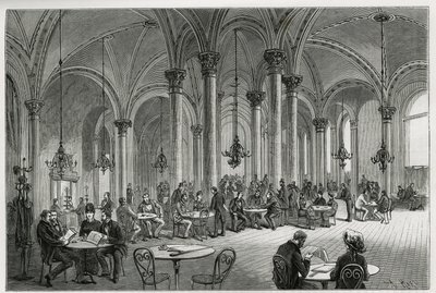 Centrální kavárna ve Vídni (Rakousko). Rytina od Kollarze, k ilustraci příběhu Vídeň a její předměstí, od M. Newlinského, v roce 1881, publikovaná v Tour du monde, pod vedením Edouarda Chartona (1807-1890) od Franz (after) Kollarz