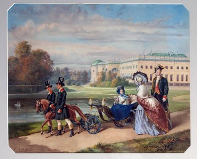 Promenáda ruské velkovévodkyně Marie Alexandrovny (1853-1920). V malém zápřahu taženém poníkem se prochází v parku Carkoje Selo, letním sídle císařské rodiny v Petrohradu. Dílo Franze Teichela (1816 od Franz (after) Teichel