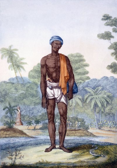 Lapač hadů, z „Hinduisté nebo popis jejich způsobů, kostýmů a obřadů“, kolem 1808-12 (barevný lept) od Franz Balthazar Solvyns