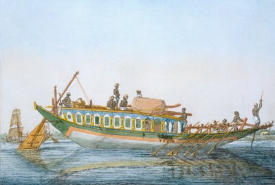 Badjera, kajutové říční plavidlo s velkým pádlovým kormidlem, z „Hinduisté nebo popis jejich způsobů, kostýmů a obřadů“, kolem 1808-12 (barevný lept) od Franz Balthazar Solvyns
