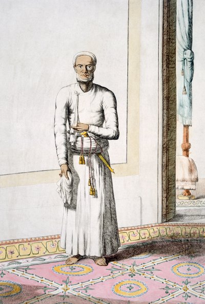 Hlavní sluha, z „Hinduisté nebo popis jejich způsobů, kostýmů a obřadů“, kolem 1808-12 (barevný lept) od Franz Balthazar Solvyns