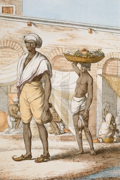 Hinduistický komorník nebo kupec jídla, z „Hinduisté nebo popis jejich způsobů, kostýmů a obřadů“, kolem 1808-12 (barevný lept) od Franz Balthazar Solvyns